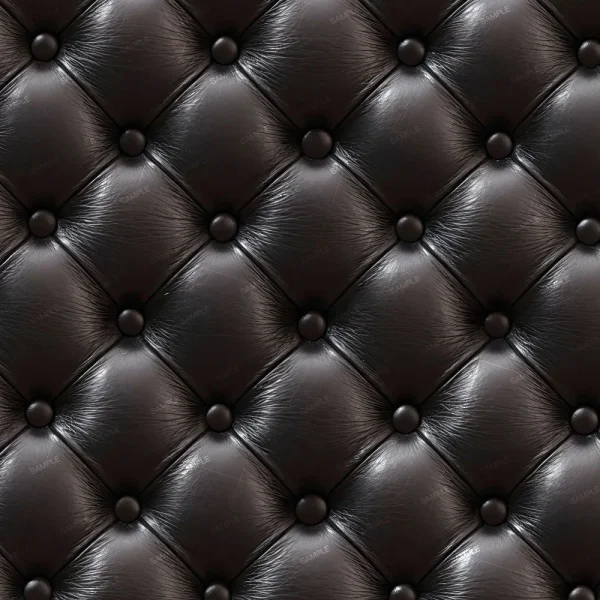 Close-up of Dark Tooled Leather 77 (Copy) shows dark brown, tufted leather with a diamond pattern and buttons at seam intersections. The smooth, glossy surface reflects light.