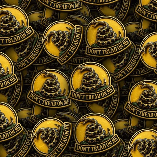 The Don't Tread on Me 32 features gold-colored circular pins with a coiled snake and “DON'T TREAD ON ME” on a banner at the bottom, stacked and overlapping each other.