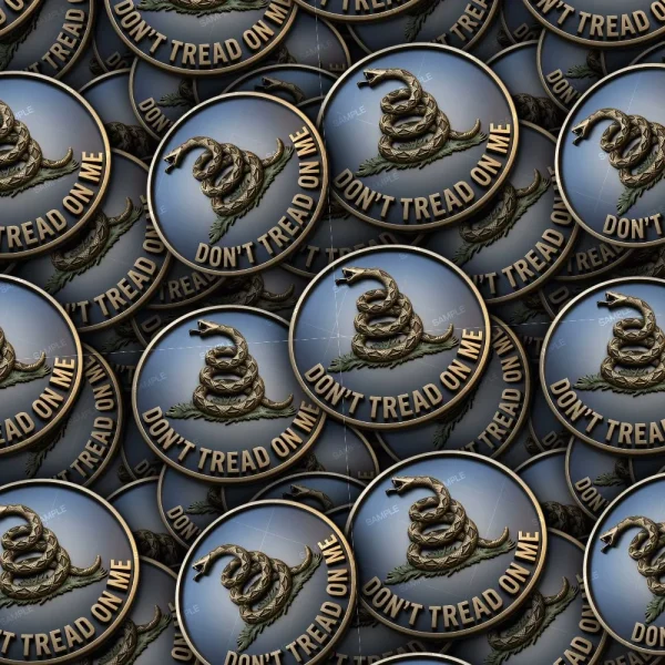 The "Don't Tread on Me 33 (Copy)" design features overlapping circular badges with a coiled rattlesnake and the phrase “DON’T TREAD ON ME” on a blue and black background, forming a striking repeated pattern.