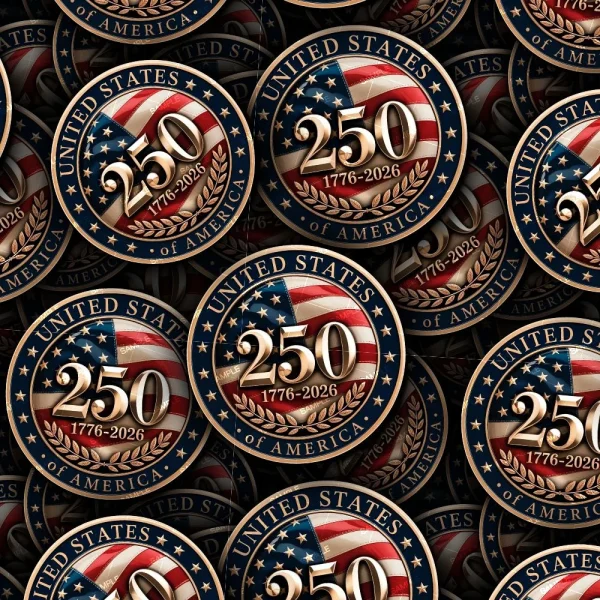 The US Memorial 250 Years commemorative badges feature an American flag background with "United States of America," "250," and "1776-2026" to celebrate the nation’s 250th anniversary.