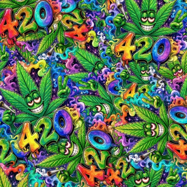 The BRUH Dude 22 (Copy) features a colorful cartoon pattern with smiling marijuana leaves, peace signs, and multicolored "420" with smoke trails on a starry purple background.