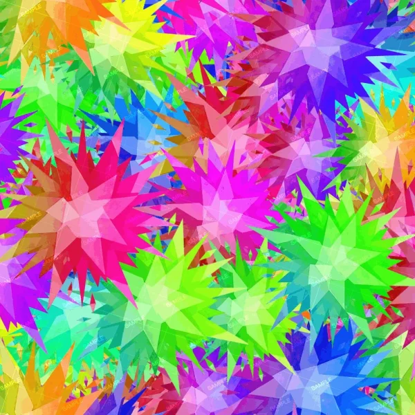 Dew on a Rainbow (Copy) features overlapping, multi-pointed stars in bright pink, green, yellow, blue, and purple, filling the image with a vibrant and energetic effect.