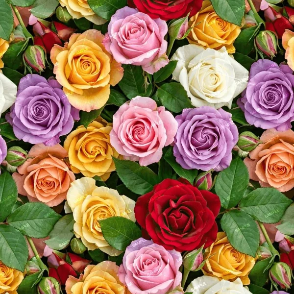 A close-up of the Rose Bush 74 (Copy) shows densely packed red, pink, yellow, orange, white, and purple roses with green leaves and a few rosebuds among the vibrant blooms.