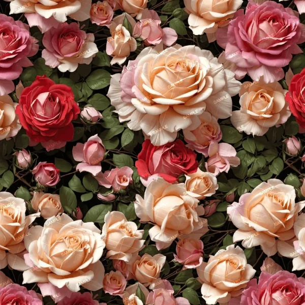 The Color Rose Bouquet 45 features vibrant roses in pink, peach, and red hues with lush green leaves. Each bloom is at its peak, forming a richly layered floral pattern perfect for any occasion.