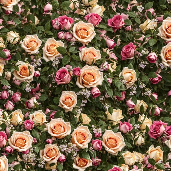 The Color Rose Bouquet 45 (Copy) features a lush blend of pink, peach, and cream roses, accented with green leaves and delicate white flower clusters.