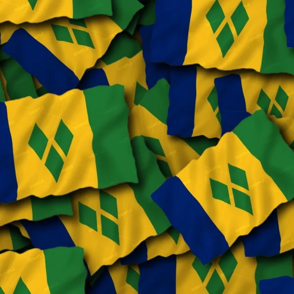 Multiple Saint Vincent Flag 23 (Copy) flags overlap, displaying blue, gold, and green vertical stripes with three green diamonds forming a V shape in the center of the gold stripe.