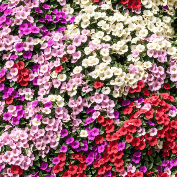 A dense cluster of Petunias 42 flowers in various colors—pink, white, red, and purple—with green leaves visible beneath the blooms.