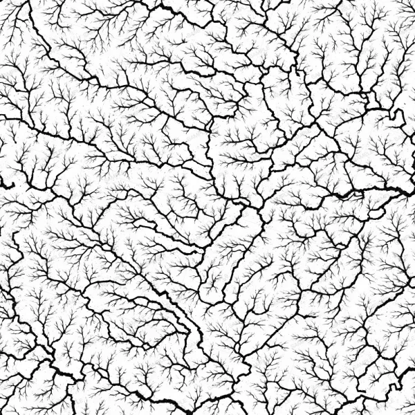 River Map 23 features a black and white design with intricate, vein-like lines spreading across a white background, resembling river networks or tree roots. The interwoven pattern fully covers the image.