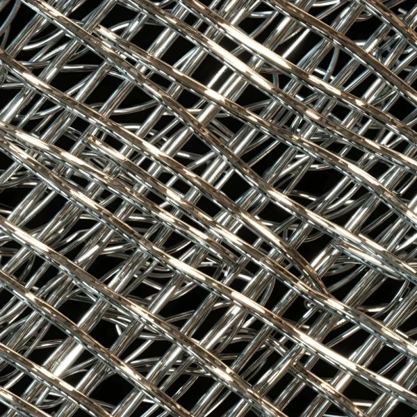 A close-up of Random Chrome Wire showcases shiny, interwoven metallic wires in a crisscross pattern against a dark background, with the reflective surface creating dynamic highlights and shadows.