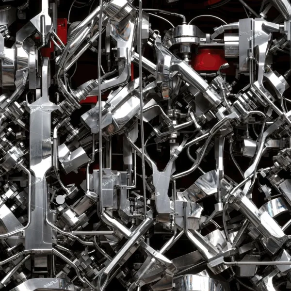 The Aluminium Machinery 43 features a dense array of shiny metallic parts and pipes, intricately interconnected in an industrial pattern with occasional red accents in the background.