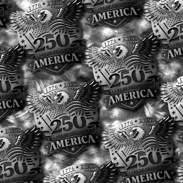 Repeating pattern of metallic "250 Years of Freedom 24" badges featuring an eagle, the text "250 YEARS OF FREEDOM AMERICA," "1776-2026," and stars, all rendered in grayscale on a textured, brushed metal background.