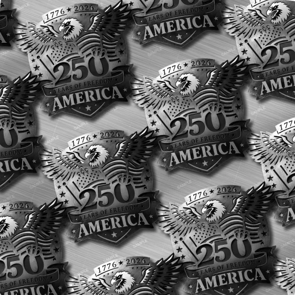 Repeating pattern of metallic badges from the "250 Years of Freedom 24 (Copy)" collection, featuring an eagle, stars, and the text “1776-2026, 250 Years of Freedom, America,” commemorating America’s 250th anniversary. The badges have a shiny, embossed silver appearance.