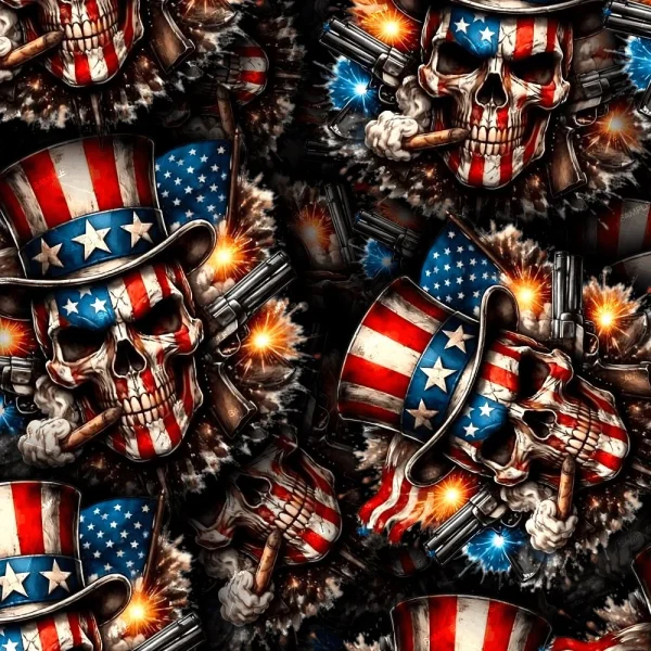 A repeating pattern for "250 Years of Freedom 24 (Copy)" featuring skulls in Uncle Sam hats adorned with American flag designs, cigars clenched between their teeth, guns, and dynamic explosions in the background.