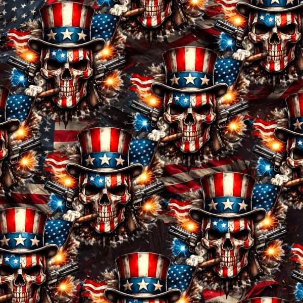 Certainly! Here’s a rewritten sentence incorporating the product data: The "250 Years of Freedom 24 (Copy)" showcases an intricate pattern of skulls donning Uncle Sam hats against American flag backgrounds, surrounded by guns and explosions in a bold, detailed style with striking red, white, and blue tones.