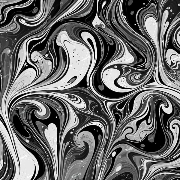 Paint Swirls Grayscale features a black and white marbled swirl pattern with fluid, organic lines and shapes. This abstract design incorporates various shades of gray, creating a dynamic sense of movement and depth.