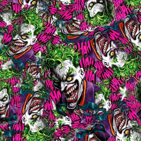A vibrant and dynamic design from "Black Panther 26 (Copy)" showcases multiple illustrated faces of a grinning clown with green hair and purple attire, set against a dark background filled with repeated pink "HA HA" text.