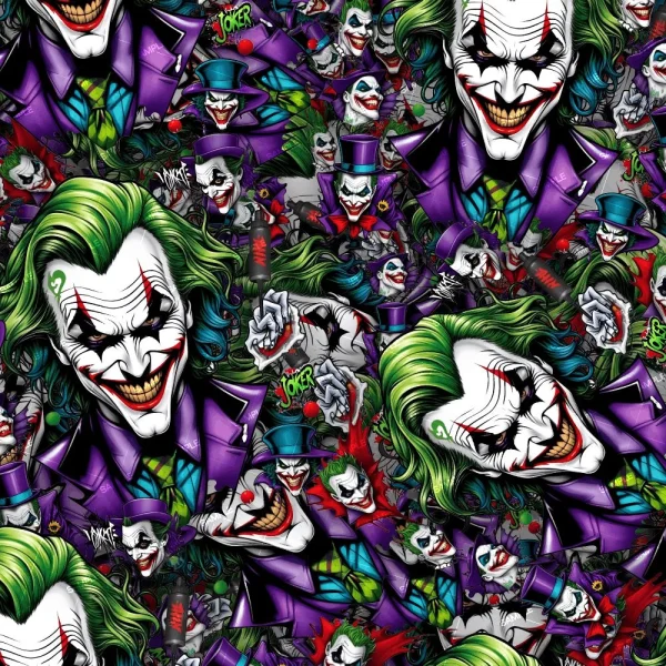 Introducing the "Joker 44"—a pattern showcasing a series of striking illustrations of the iconic comic book villain, each with green hair, a white face, red lips, and a purple suit. The villain is depicted in various sinister expressions set against a wild and colorful background.