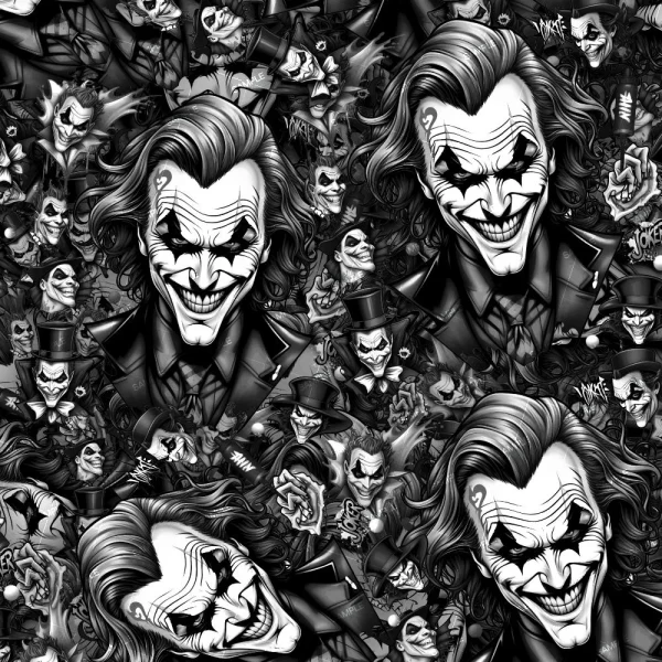 The black and white illustration for Joker 44 (Copy) showcases multiple, overlapping images of the Joker character, each with exaggerated grins, wild hair, and chaotic comic-style elements in the background.