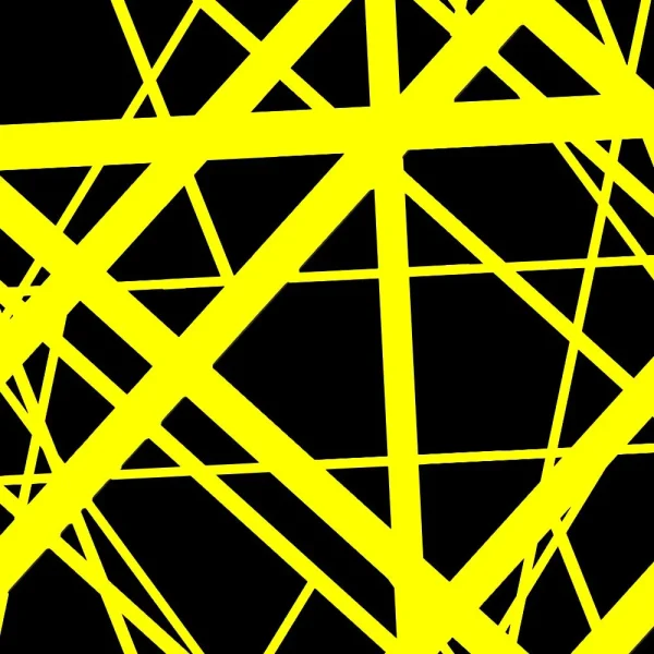 Bold yellow lines cross at different angles across a deep black background in the Van Halen Tartan Yellow pattern, forming an abstract geometric design.