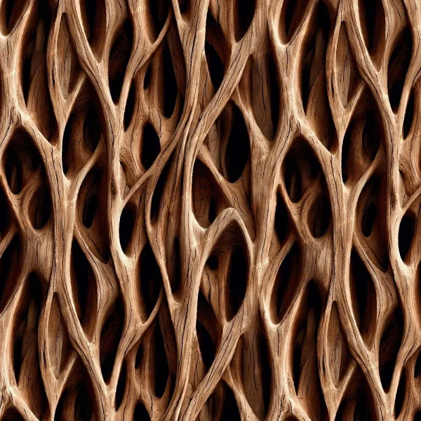 Close-up view of the Carved Wooden Lattice, featuring intricate, interwoven patterns reminiscent of organic branches, with a variety of open gaps and shadows. The lattice showcases textured wood in a natural finish.