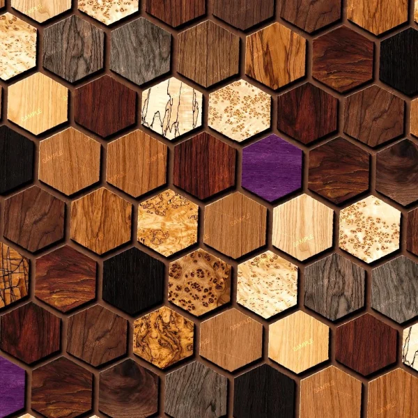 Carved Wooden Lattice (Copy) features hexagonal wooden tiles displaying a variety of shades and grain patterns, arranged in a precise, repeating geometric pattern. Three of the tiles are colored purple, offering a striking contrast against the natural wood tones in the tightly fitted design.