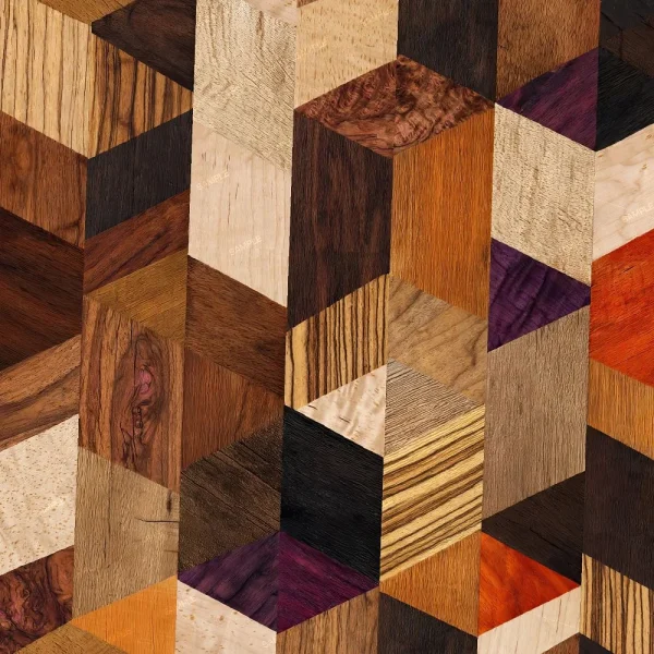 Carved Wooden Lattice (Copy) features a geometric pattern of interlocking cubes crafted from various types of wood in natural browns, tans, purples, and oranges, arranged to create a repeating three-dimensional effect.