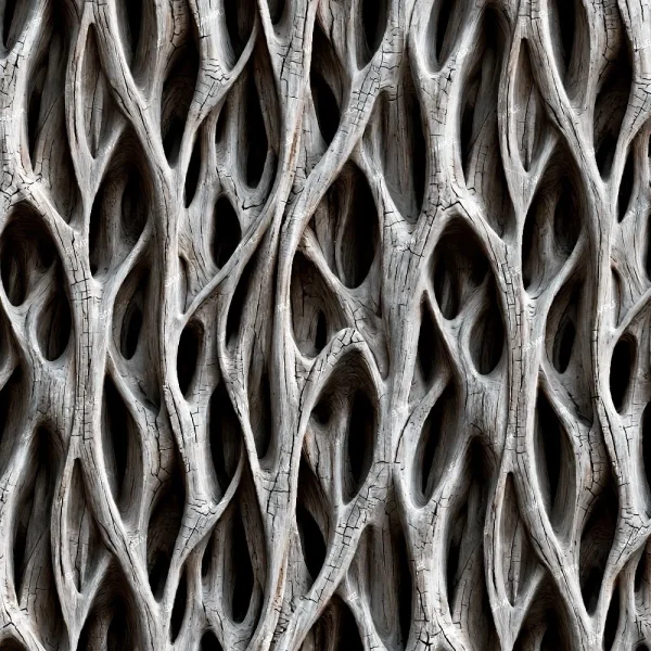 Close-up of Carved Wooden Lattice (Copy), featuring an intricate, organic, wood-like structure with intertwining hollowed shapes and textured, cracked surfaces that resemble a natural pattern or abstract sculpture. The color is predominantly grayish-brown.
