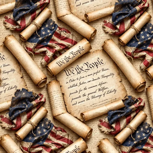 Patriotic Skulls 43 (Copy) displays a repeating pattern of aged, rolled parchments showcasing the preamble of the U.S. Constitution, set beside crumpled sections of the American flag on a neutral background.