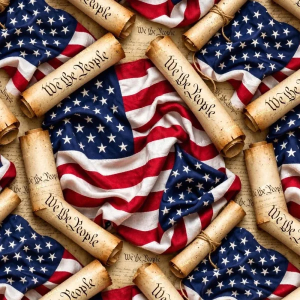The "We The People US Flag 56" features a repeating pattern of American flags and multiple rolled copies of the U.S. Constitution displaying the phrase “We the People,” creating a patriotic-themed background.