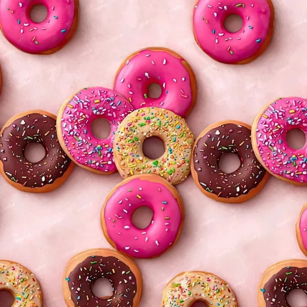 A selection of DrPepper Logo (Copy) donuts with pink, chocolate, and yellow icing—some topped with rainbow sprinkles—arranged on a light pink surface.