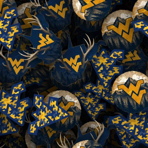 A collection of West Virginia Mountaineers Logo 22 designs in blue and gold, featuring the "WV" logo in a range of styles—such as camouflage, mountains, and deer antlers—layered together with weathered, textured details.
