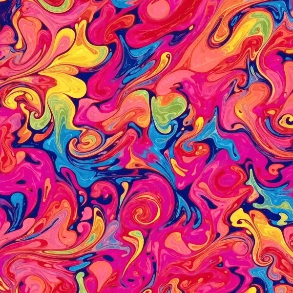 The "Psychedelic Paint Swirls 43" design showcases an abstract composition of vibrant colors such as yellow, blue, red, orange, and pink swirling together in dynamic marbled patterns. The result is a visually energetic and chaotic effect without any distinct shapes.
