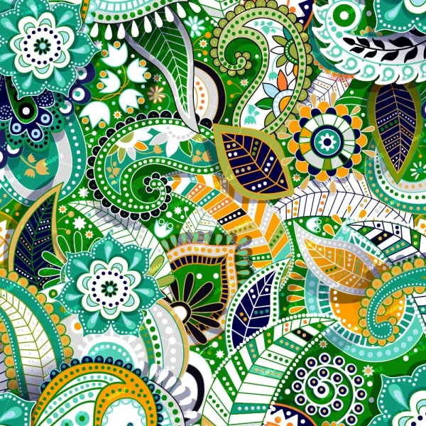 Introducing Paisley 24: a dense, colorful pattern showcasing abstract, paisley-inspired shapes and stylized flowers in shades of green, yellow, blue, white, and black. Intricate decorative lines, dots, and leaf motifs fill the entire image for a striking effect.