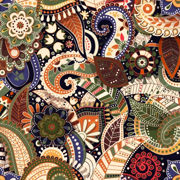 Paisley 24 (Copy) features a colorful paisley and floral pattern with detailed leaves, swirls, and flowers in shades of green, orange, blue, beige, and brown on a dark background. The highly intricate design includes repeating shapes and dotted outlines.