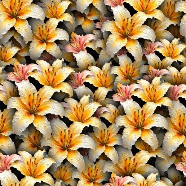 A dense cluster of vibrant yellow and orange roses from the Mixed Rose Bush 42 (Copy) fills the entire frame, their petals fresh with water droplets and overlapping one another. The absence of visible leaves or stems emphasizes the lively, colorful petals.