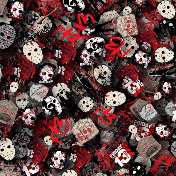 A chaotic collage featuring repeated Biker Smurf 22 (Copy) masks, movie tickets, blood splatters, and bold text in red, black, and white. The design overlaps various horror-themed elements for a striking effect.
