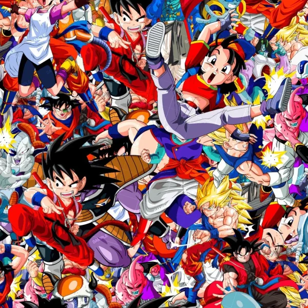 A vibrant collage featuring characters from Anime DBZ 23 (Copy), showcasing fighters in dynamic poses, a variety of costumes, and expressive faces, all overlapping in an energetic, densely packed composition.