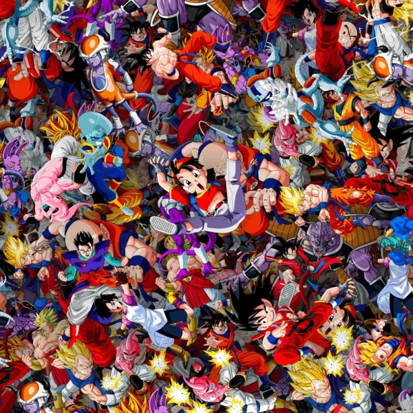 A dense collage of various Dragon Ball characters in dynamic action poses, overlapping each other with vibrant costumes and dramatic expressions, set against a dark background, as featured on the Anime DBZ 23.