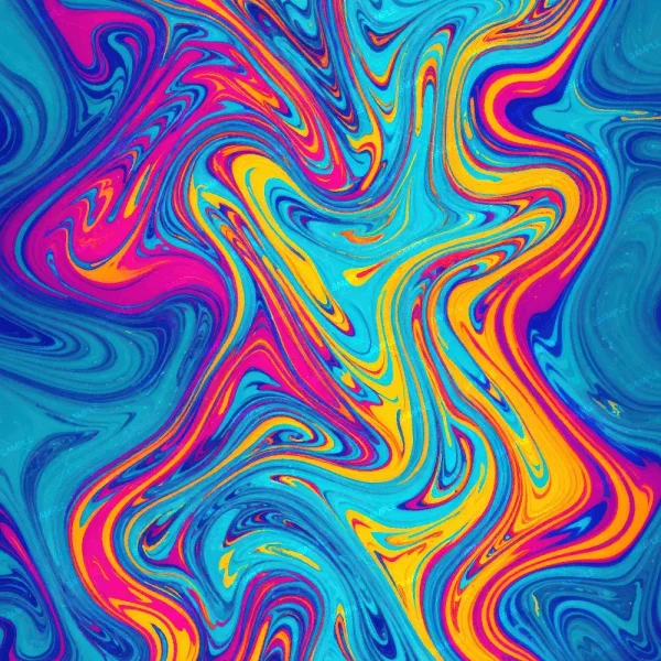Psychedelic Paint Swirls 44 (Copy) features a colorful abstract pattern with swirling lines in vibrant blue, yellow, pink, and orange tones that blend together to create a mesmerizing marbled effect across the entire image.