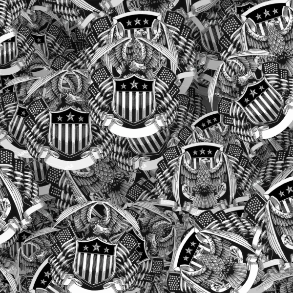 A dense and overlapping black and white repeating pattern inspired by the Great Seal of the United States, featuring an eagle with a shield, stars, and stripes from the “We The People US Flag 56 (Copy)” design.