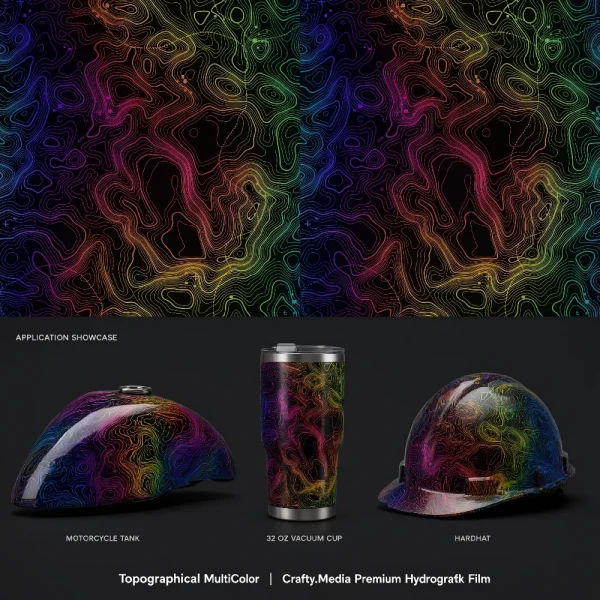 Topographic contour pattern in rainbow colors, Color Burst 23 (Copy), shown on a motorcycle tank, vacuum cup, and hardhat. The background displays the full pattern as a film sample. Text describes the film as Crafty.Media Premium Hydrographik Film.