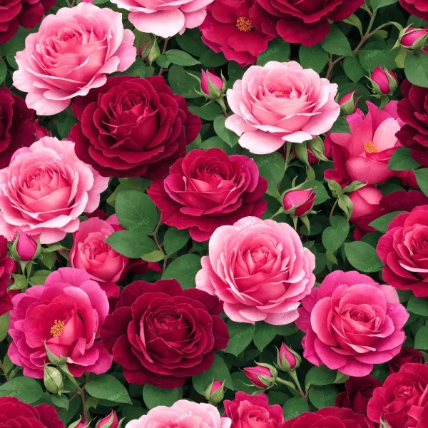 A dense arrangement of blooming roses in deep red and light pink, surrounded by green leaves and a few rosebuds, fills the image in More Damn Roses 42.