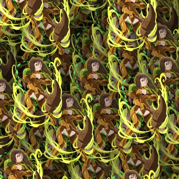 Patterned background featuring a repeated image of an animated character in green and brown attire with a sword and swirling yellow-green energy. The character has brown hair and is surrounded by intricate, glowing effects.