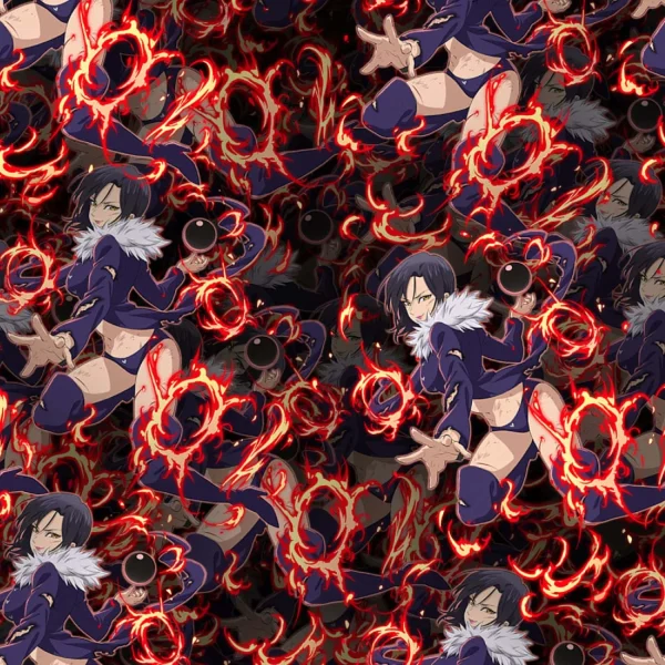 A repetitive pattern featuring an animated character with short dark hair in a dynamic pose. The character wears a dark outfit with a fur collar, surrounded by red, fiery energy effects against a dark background.