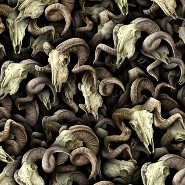 A collage of numerous goat skulls with prominent, twisted horns in various shades of beige and brown, closely layered over one another. The image creates a dense, textured pattern with a rustic appearance.