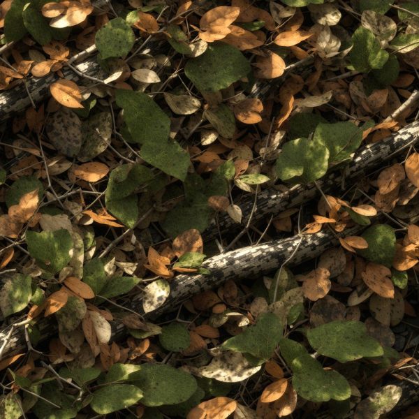 A close-up view of the Tactical Camouflage 454 (Copy) pattern, featuring a forest ground design with scattered brown and green leaves, thin twigs, and several horizontal tree branches highlighted by sunlight.