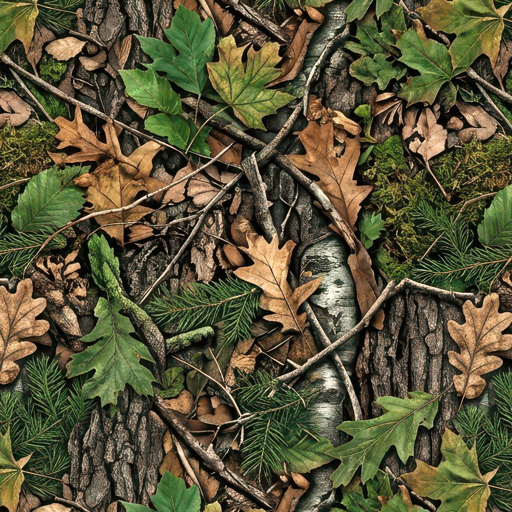 A close-up view of forest ground showcases the natural, textured pattern featured in Tactical Camouflage 455 (Copy), with layers of tree bark, dry and green leaves, twigs, and pine needles blending seamlessly together.