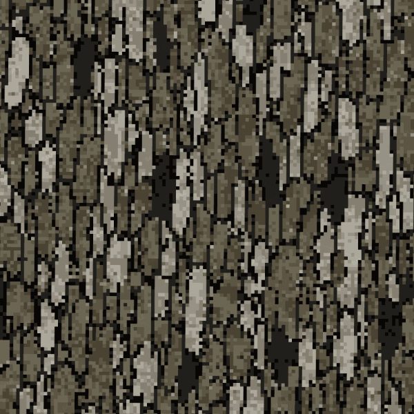 A repeating pattern named Colorado Camouflage 42 (Copy), showcasing irregular vertical shapes in shades of brown, beige, and black, reminiscent of digital camouflage or abstract bark textures.