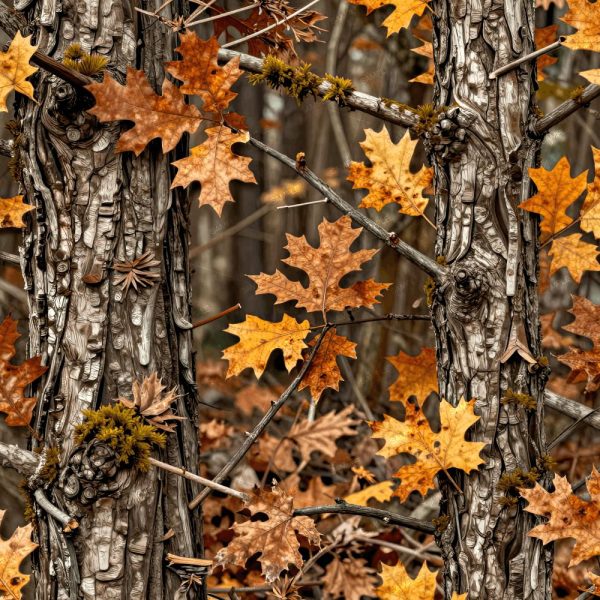 Rich brown tree trunks with textured bark intertwine, their branches adorned with orange, yellow, and brown autumn leaves. Subtle patches of moss accent the natural look. More trees fade into a softly blurred background, capturing the essence of Tactical Camouflage 458.