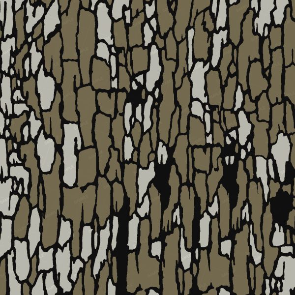 TreBark Two features an abstract, organic pattern reminiscent of cracked earth or tree bark, with irregular tan, black, and off-white shapes outlined boldly in black. This random yet cohesive design covers the entire frame.